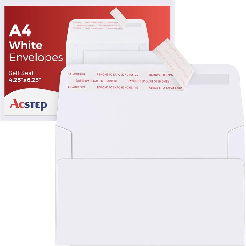 ACSTEP 100Pack A4 Envelopes 4-1/4 X6-1/4 Inch Self seal White 4 X 6 Envelopes For for Weddings, Invitations, Photos, Postcards, Greeting Cards Mailing,Baby Shower, Graduation - Image 1